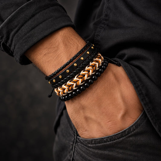 THE MEN THING Leather Bracelet GILDED TRIBAL - 4Pcs Genuine Leather Adjustable Bracelets Set for Men & Boys