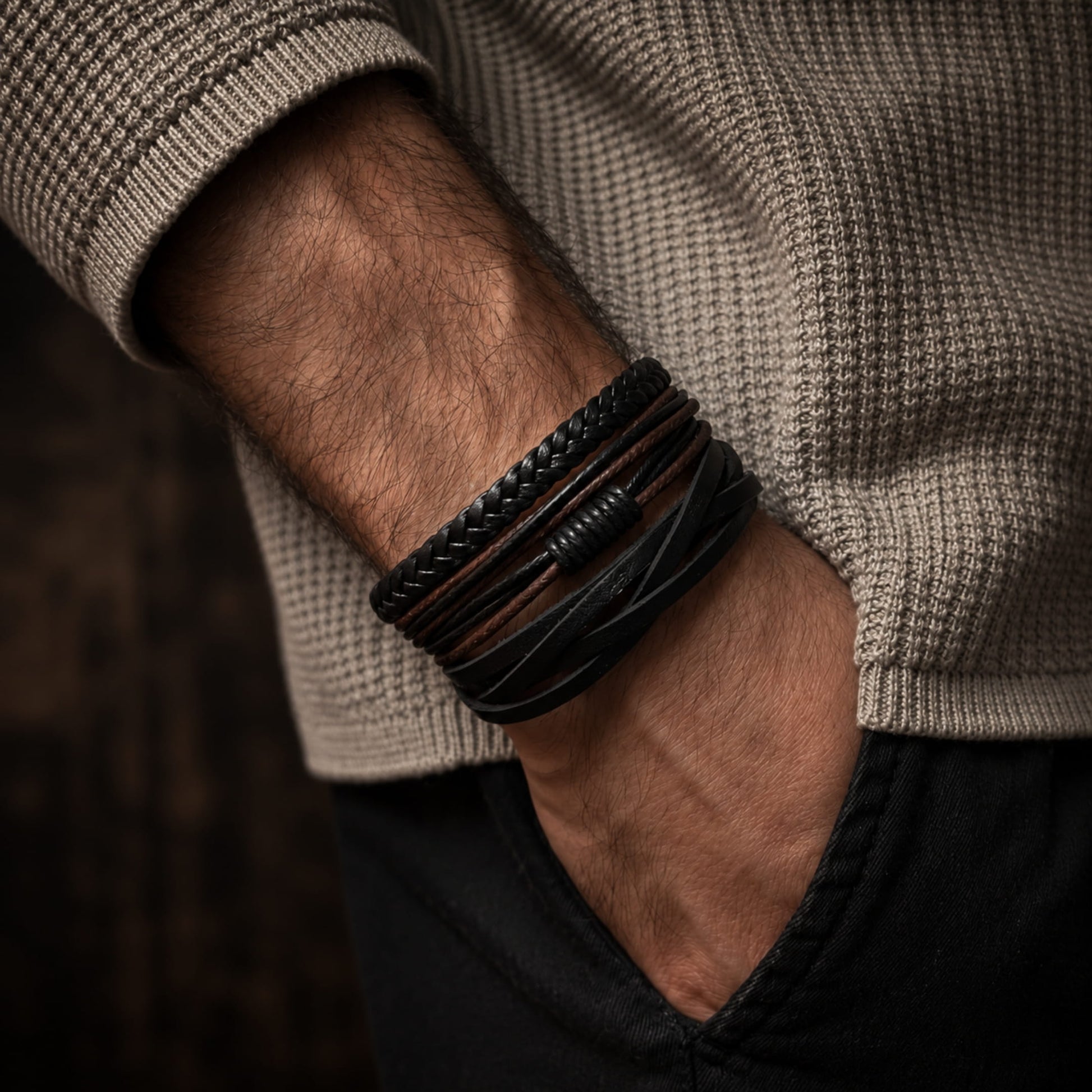 THE MEN THING Leather Bracelet GLADIATOR BAND  - 4 Pcs Genuine Braided Leather Bracelet Set for Men & Boys (8 inch)