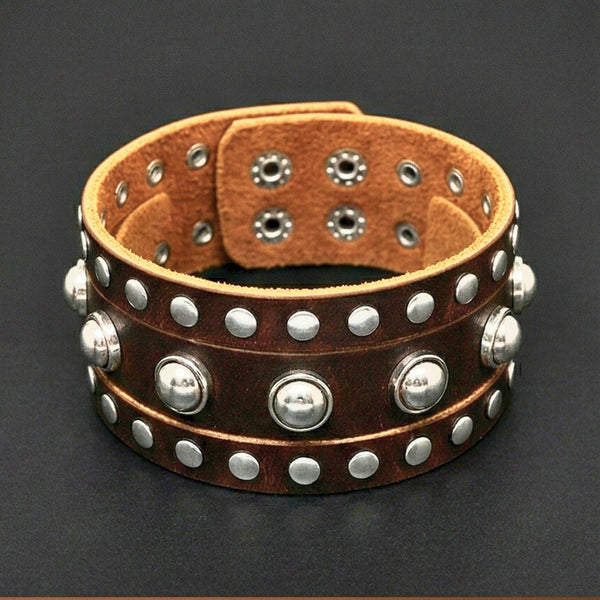 GLADIATOR STUD - 42mm Genuine Leather Adjustable Bracelet for Men & Boys (9 inch)