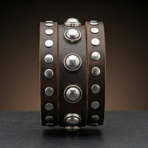 GLADIATOR STUD - 42mm Genuine Leather Adjustable Bracelet for Men & Boys (9 inch)