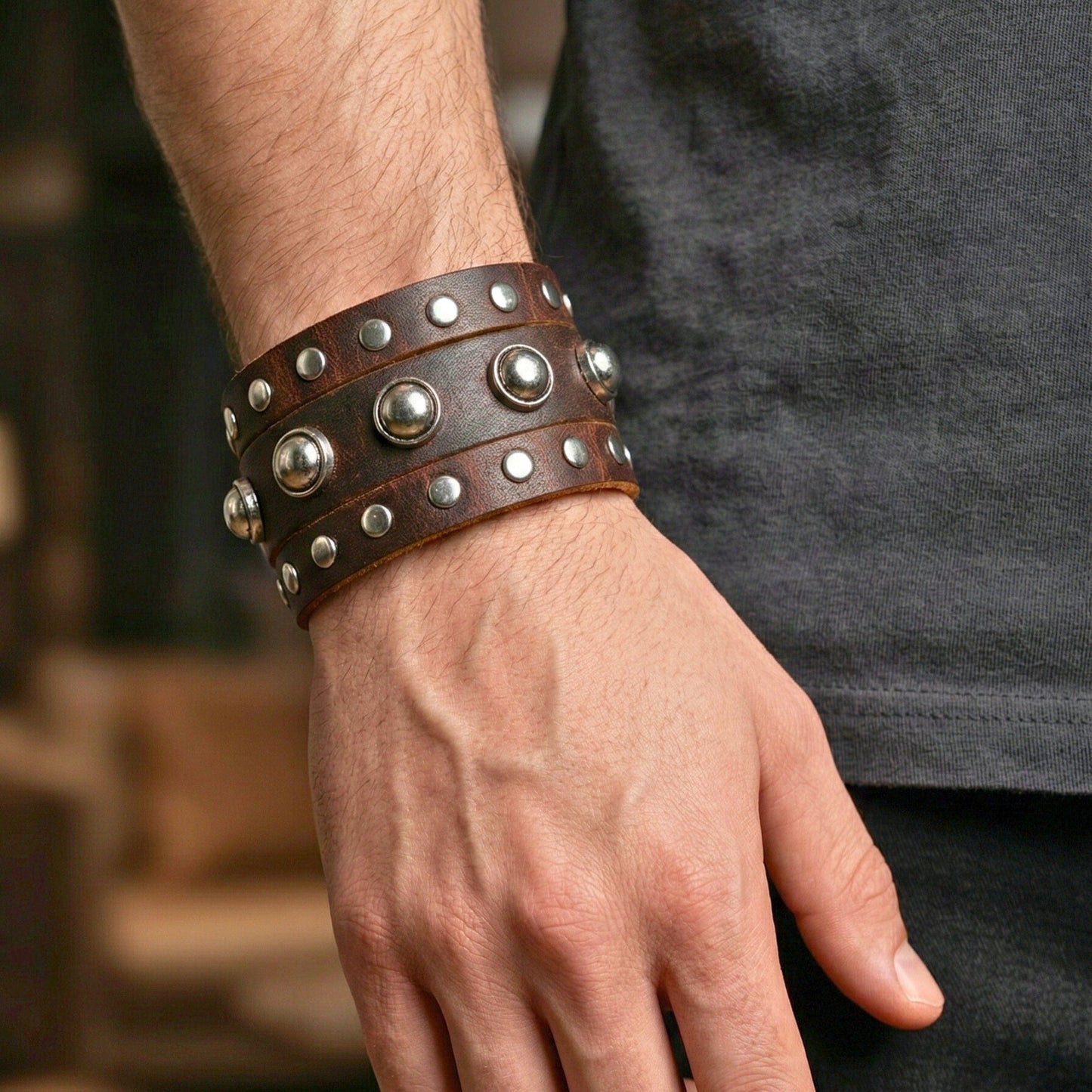 THE MEN THING Leather Bracelet GLADIATOR STUD - 42mm Genuine Leather Adjustable Bracelet for Men & Boys (9 inch)