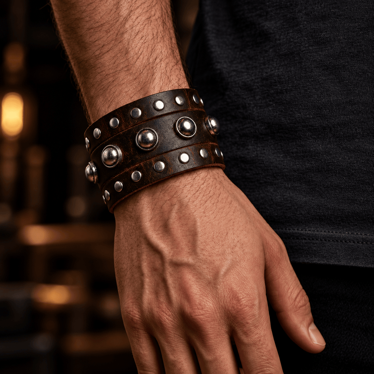 THE MEN THING Leather Bracelet GLADIATOR STUD - 42mm Genuine Leather Adjustable Bracelet for Men & Boys (9 inch)