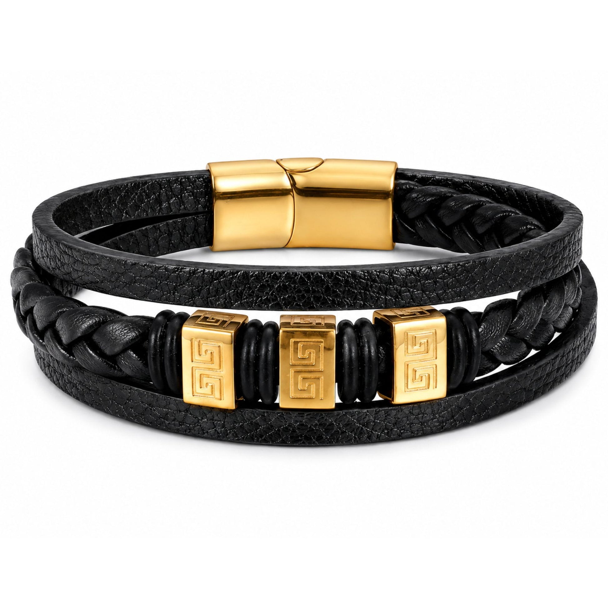 THE MEN THING Leather Bracelet GOLDEN GRECIAN - Genuine Leather Multi-Layer Bracelet with Stainless Steel Magnetic Buckle for Men & Boys (8 inch)
