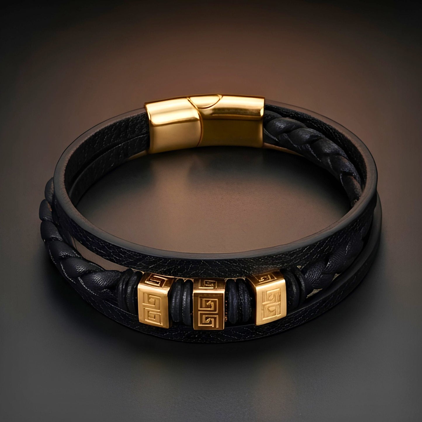 THE MEN THING Leather Bracelet GOLDEN GRECIAN - Genuine Leather Multi-Layer Bracelet with Stainless Steel Magnetic Buckle for Men & Boys (8 inch)