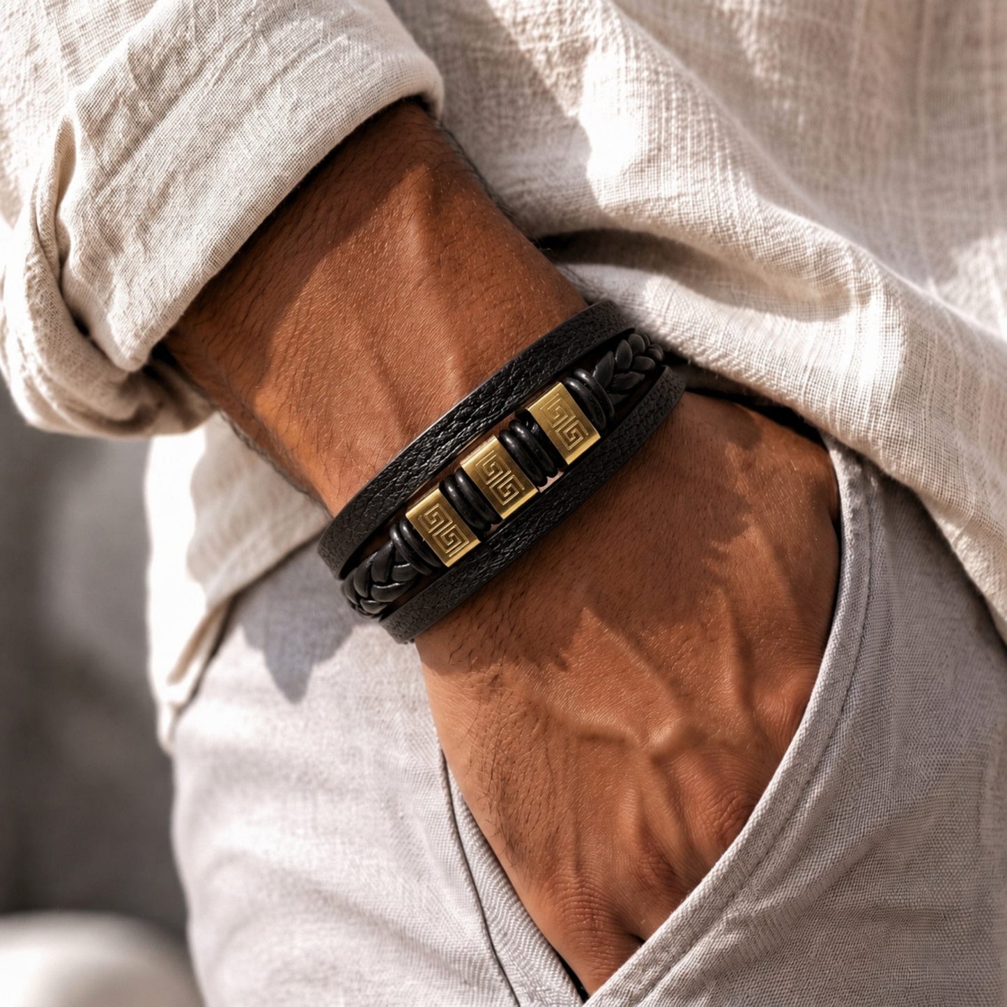 THE MEN THING Leather Bracelet GOLDEN GRECIAN - Genuine Leather Multi-Layer Bracelet with Stainless Steel Magnetic Buckle for Men & Boys (8 inch)