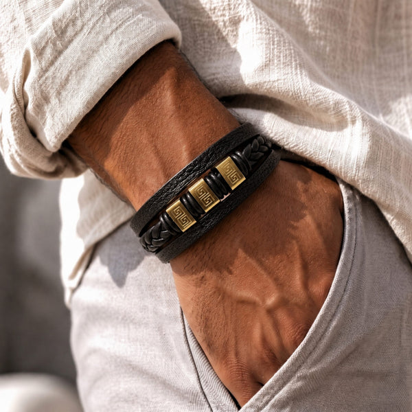GOLDEN GRECIAN - Genuine Leather Multi-Layer Bracelet with Stainless Steel Magnetic Buckle for Men & Boys (8 inch)