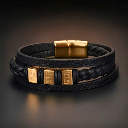 THE MEN THING Leather Bracelet GOLDEN GRECIAN - Genuine Leather Multi-Layer Bracelet with Stainless Steel Magnetic Buckle for Men & Boys (8 inch)