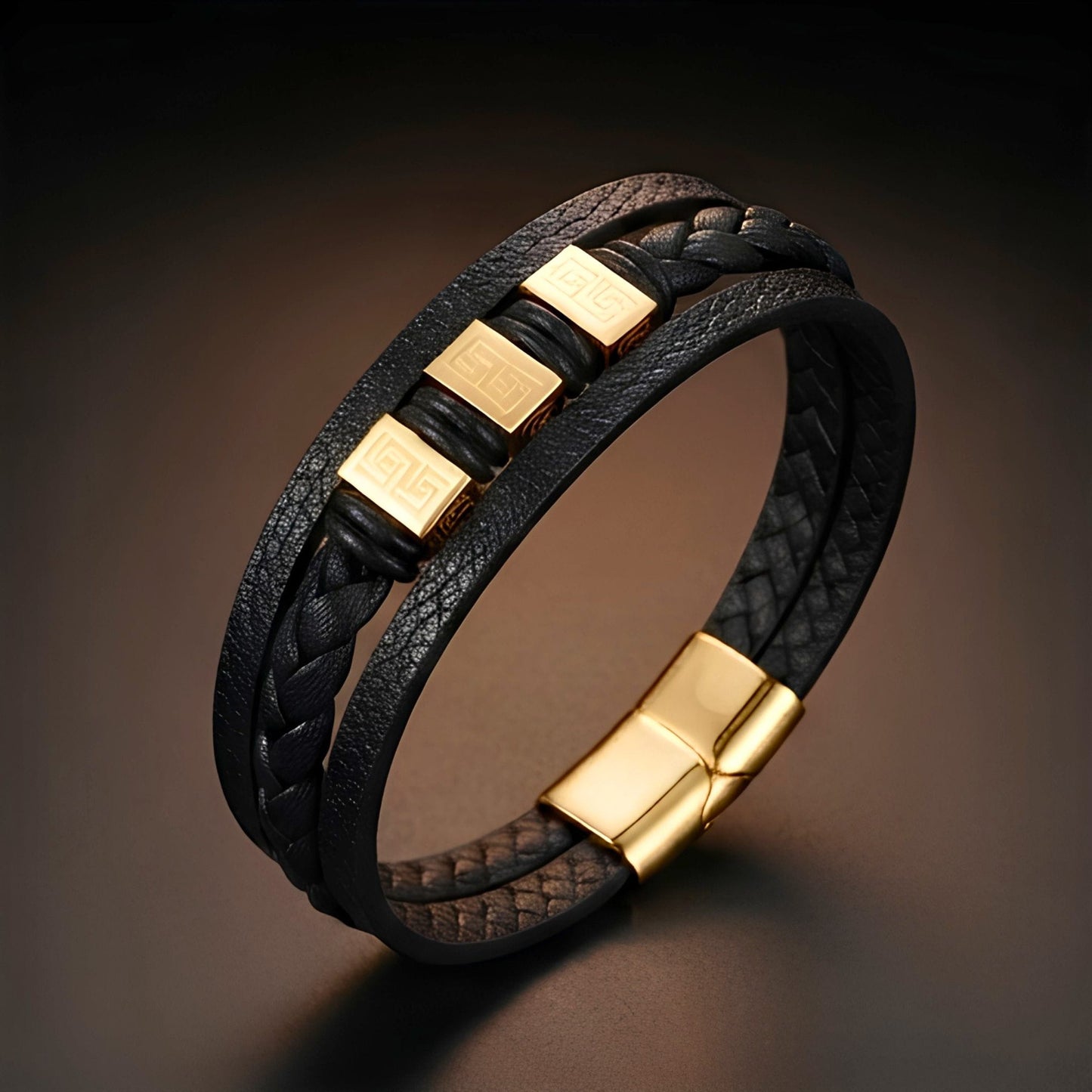 THE MEN THING Leather Bracelet GOLDEN GRECIAN - Genuine Leather Multi-Layer Bracelet with Stainless Steel Magnetic Buckle for Men & Boys (8 inch)