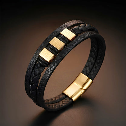 THE MEN THING Leather Bracelet GOLDEN GRECIAN - Genuine Leather Multi-Layer Bracelet with Stainless Steel Magnetic Buckle for Men & Boys (8 inch)