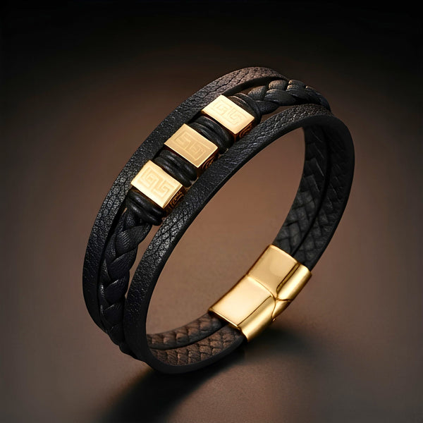 GOLDEN GRECIAN - Genuine Leather Multi-Layer Bracelet with Stainless Steel Magnetic Buckle for Men & Boys (8 inch)