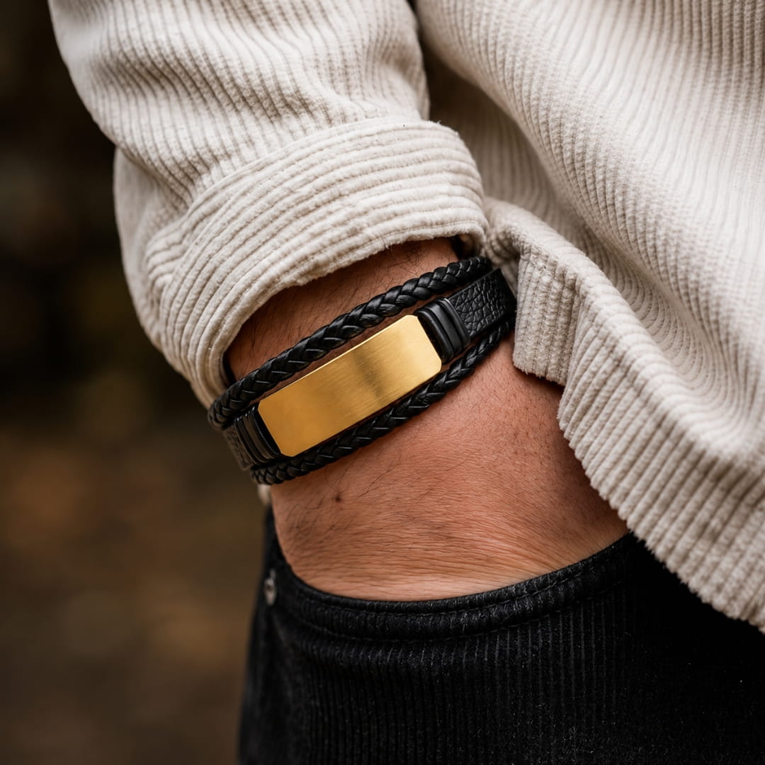 THE MEN THING Leather Bracelet GOLDEN PLATE BLACK - 25mm Genuine Leather Bracelet with Stainless Steel Magnetic Buckle for Men & Boys (8 inch)