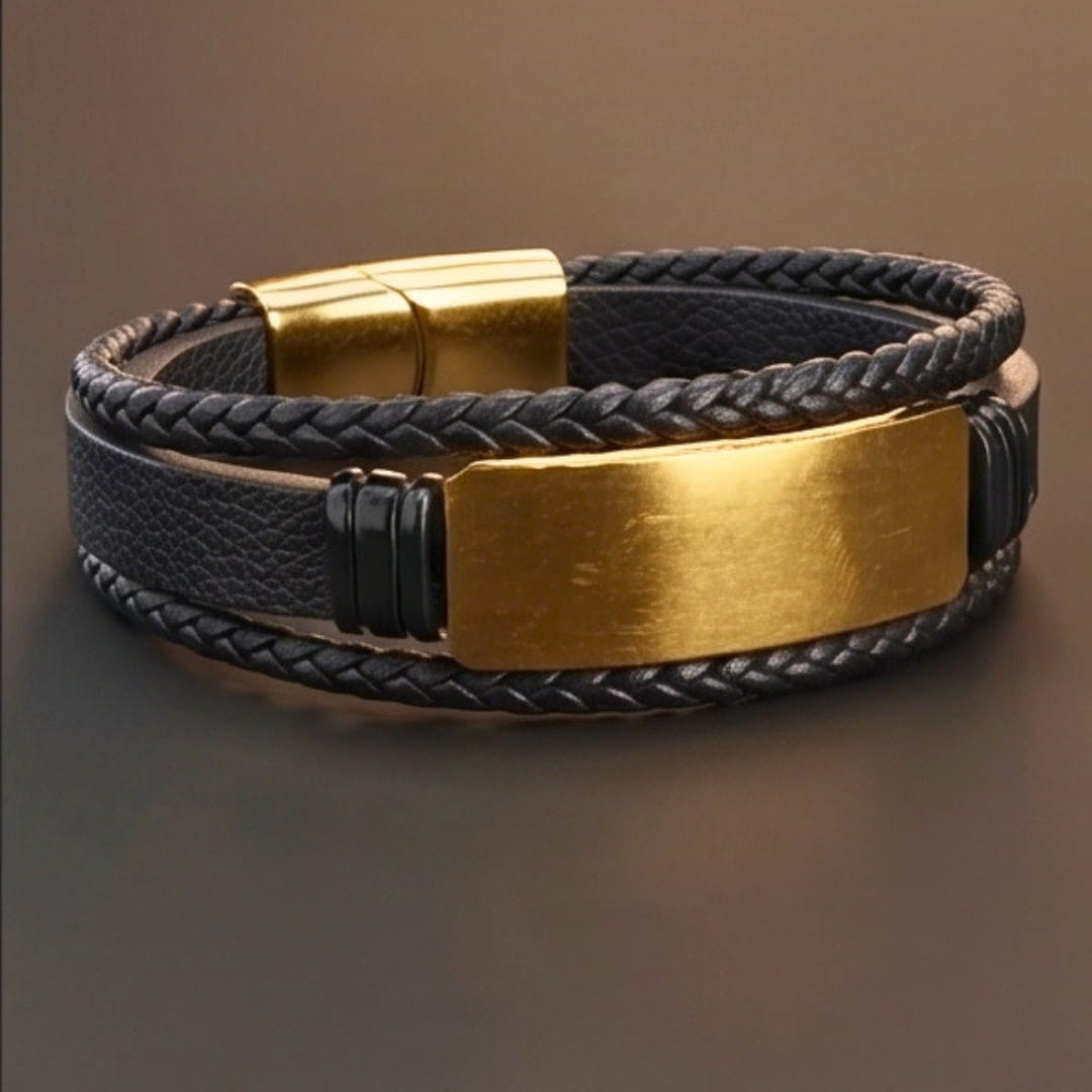 THE MEN THING Leather Bracelet GOLDEN PLATE BLACK - 25mm Genuine Leather Bracelet with Stainless Steel Magnetic Buckle for Men & Boys (8 inch)