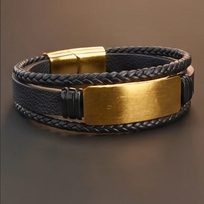 THE MEN THING Leather Bracelet GOLDEN PLATE BLACK - 25mm Genuine Leather Bracelet with Stainless Steel Magnetic Buckle for Men & Boys (8 inch)