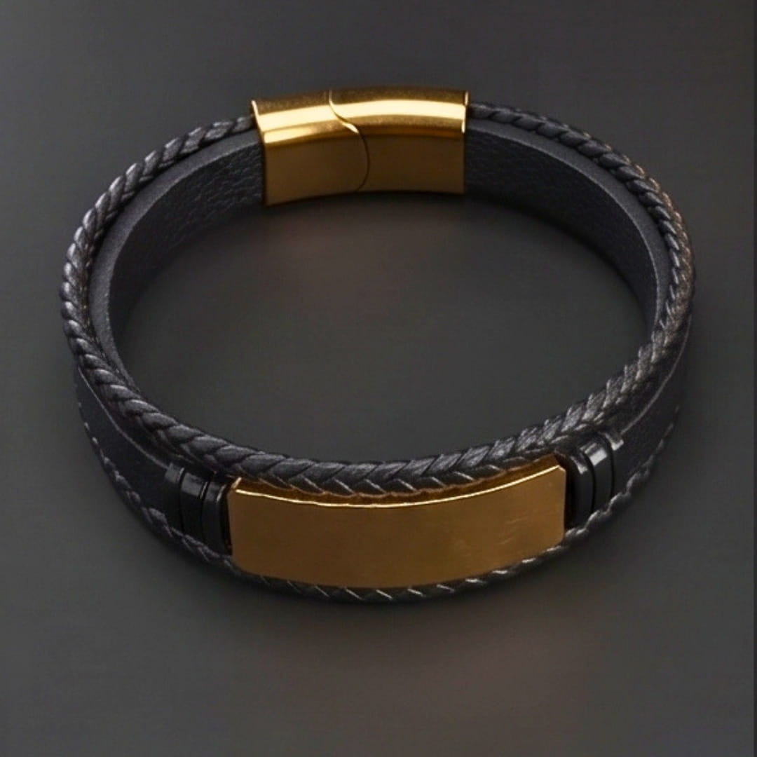 THE MEN THING Leather Bracelet GOLDEN PLATE BLACK - 25mm Genuine Leather Bracelet with Stainless Steel Magnetic Buckle for Men & Boys (8 inch)