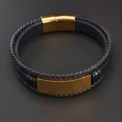 THE MEN THING Leather Bracelet GOLDEN PLATE BLACK - 25mm Genuine Leather Bracelet with Stainless Steel Magnetic Buckle for Men & Boys (8 inch)