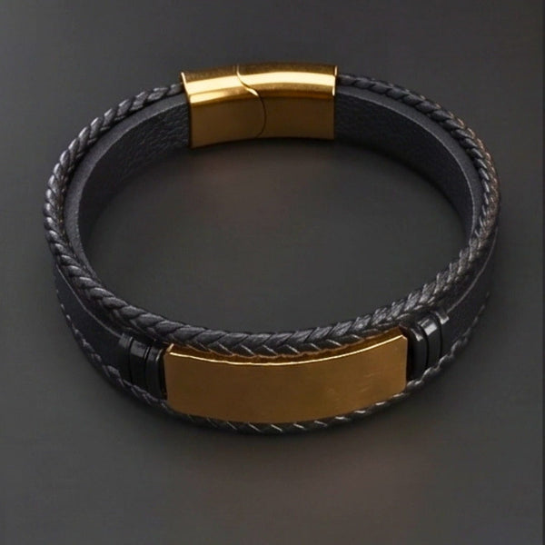 GOLDEN PLATE BLACK - 25mm Genuine Leather Bracelet with Stainless Steel Magnetic Buckle for Men & Boys (8 inch)