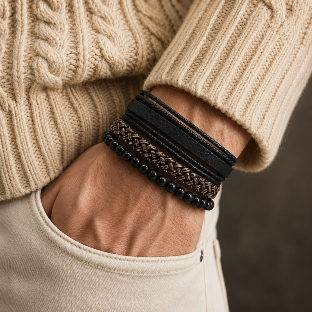 THE MEN THING Leather Bracelet GOLDEN WEAVE BLACK - 3Pcs Genuine Leather Adjustable Bracelets Set for Men & Boys