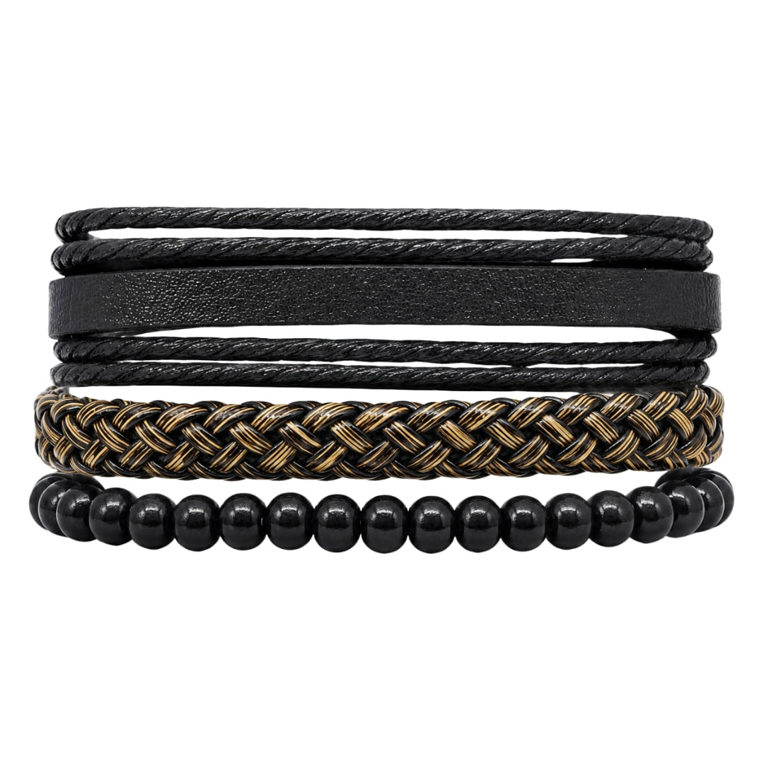 THE MEN THING Leather Bracelet GOLDEN WEAVE BLACK - 3Pcs Genuine Leather Adjustable Bracelets Set for Men & Boys