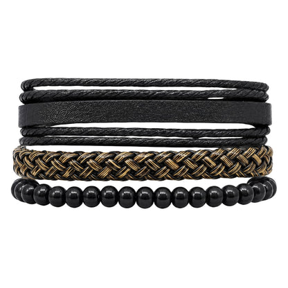 THE MEN THING Leather Bracelet GOLDEN WEAVE BLACK - 3Pcs Genuine Leather Adjustable Bracelets Set for Men & Boys