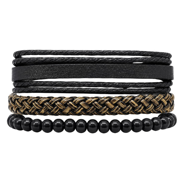 GOLDEN WEAVE BLACK - 3Pcs Genuine Leather Adjustable Bracelets Set for Men & Boys