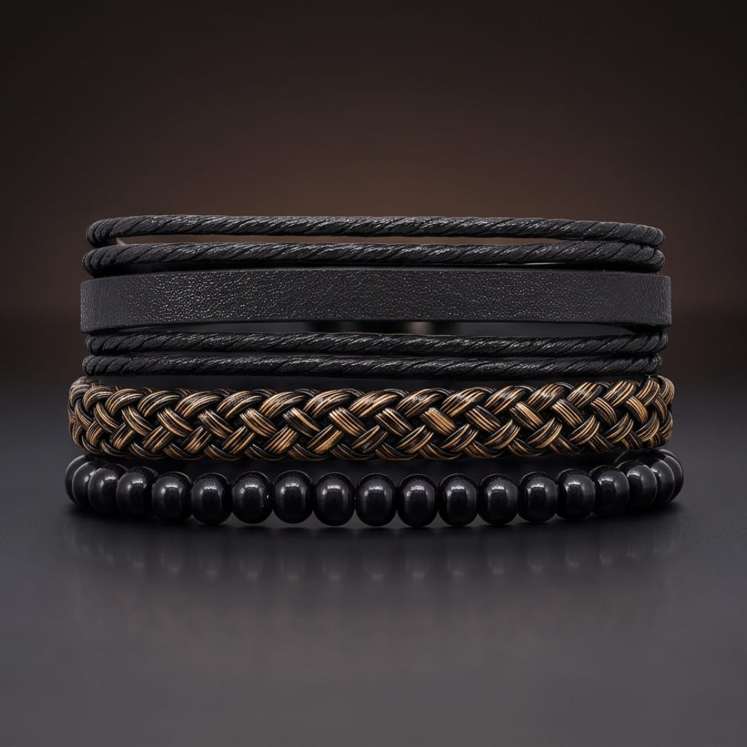 THE MEN THING Leather Bracelet GOLDEN WEAVE BLACK - 3Pcs Genuine Leather Adjustable Bracelets Set for Men & Boys