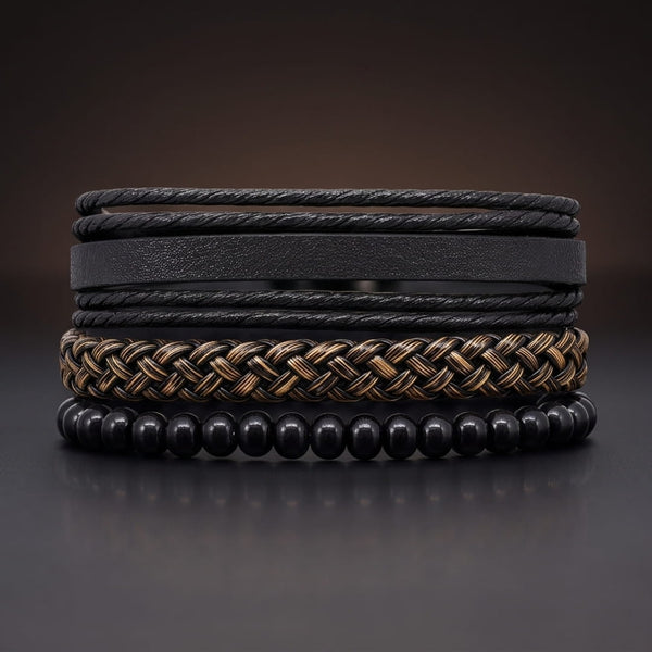 GOLDEN WEAVE BLACK - 3Pcs Genuine Leather Adjustable Bracelets Set for Men & Boys