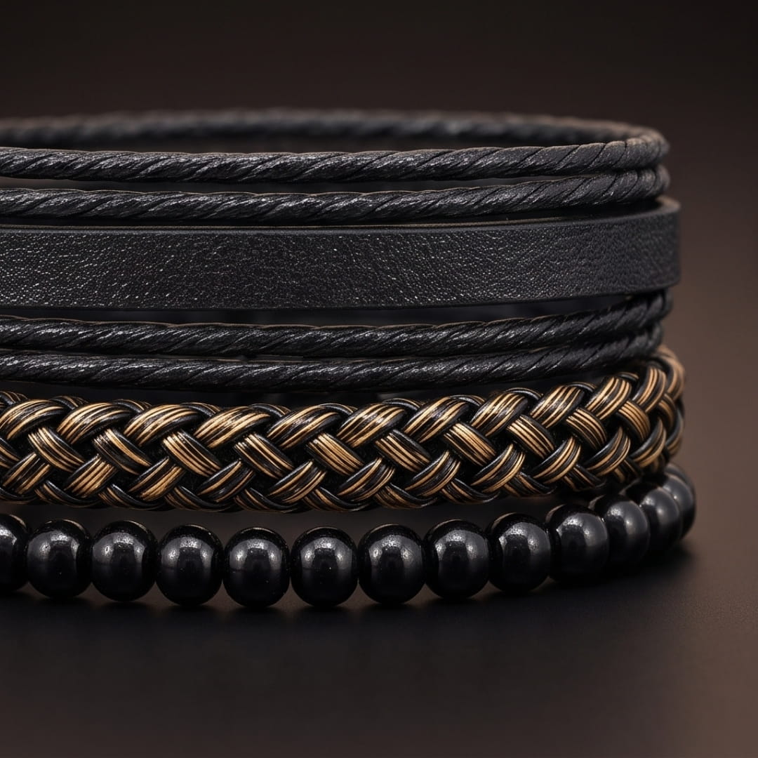THE MEN THING Leather Bracelet GOLDEN WEAVE BLACK - 3Pcs Genuine Leather Adjustable Bracelets Set for Men & Boys