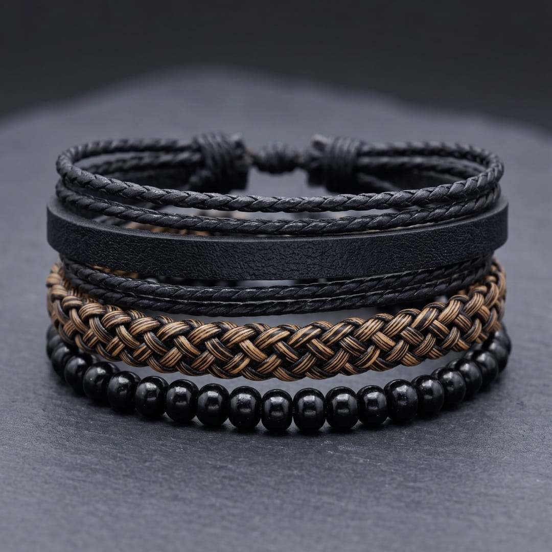 THE MEN THING Leather Bracelet GOLDEN WEAVE BLACK - 3Pcs Genuine Leather Adjustable Bracelets Set for Men & Boys