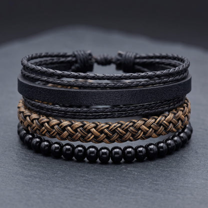 THE MEN THING Leather Bracelet GOLDEN WEAVE BLACK - 3Pcs Genuine Leather Adjustable Bracelets Set for Men & Boys