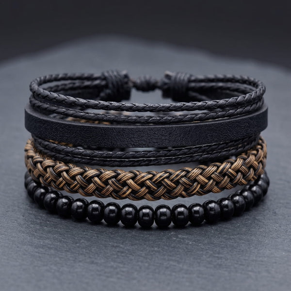 GOLDEN WEAVE BLACK - 3Pcs Genuine Leather Adjustable Bracelets Set for Men & Boys