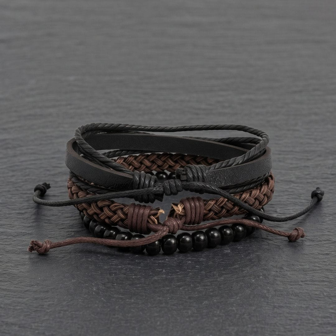 THE MEN THING Leather Bracelet GOLDEN WEAVE BLACK - 3Pcs Genuine Leather Adjustable Bracelets Set for Men & Boys