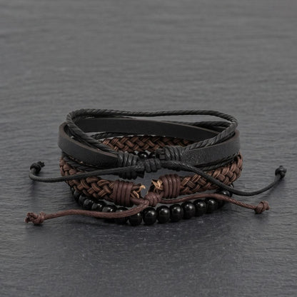 THE MEN THING Leather Bracelet GOLDEN WEAVE BLACK - 3Pcs Genuine Leather Adjustable Bracelets Set for Men & Boys