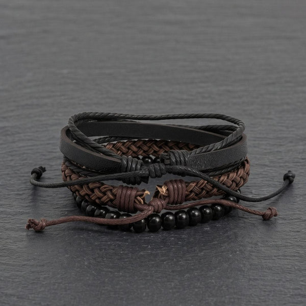 GOLDEN WEAVE BLACK - 3Pcs Genuine Leather Adjustable Bracelets Set for Men & Boys