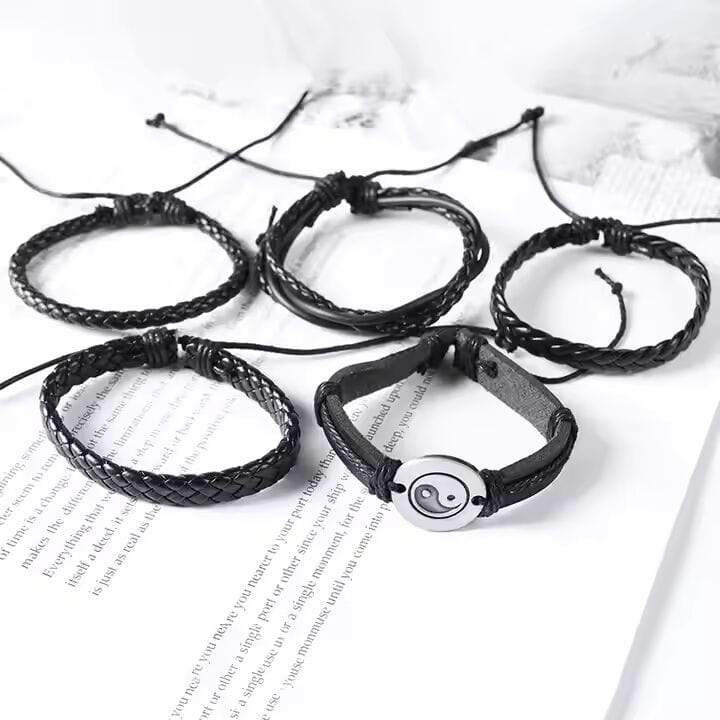 THE MEN THING Leather Bracelet GOLIATH KNOT  -  5 Pcs Genuine Braided Leather Bracelet Set for Men & Boys (8 inch)