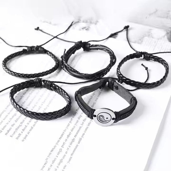 GOLIATH KNOT  -  5 Pcs Genuine Braided Leather Bracelet Set for Men & Boys (8 inch)