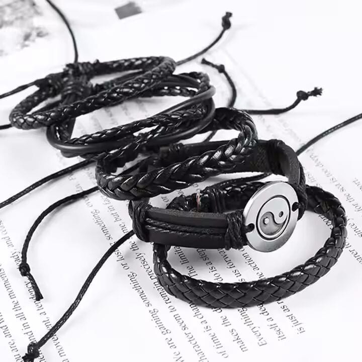 THE MEN THING Leather Bracelet GOLIATH KNOT  -  5 Pcs Genuine Braided Leather Bracelet Set for Men & Boys (8 inch)