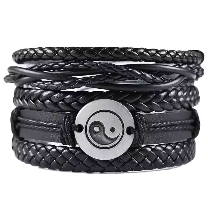 THE MEN THING Leather Bracelet GOLIATH KNOT  -  5 Pcs Genuine Braided Leather Bracelet Set for Men & Boys (8 inch)
