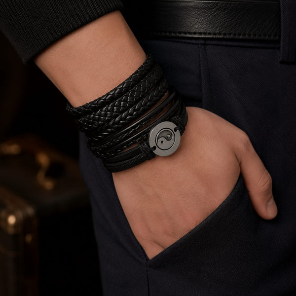 GOLIATH KNOT -  5 Pcs Genuine Braided Leather Bracelet Set for Men & Boys (8 inch)