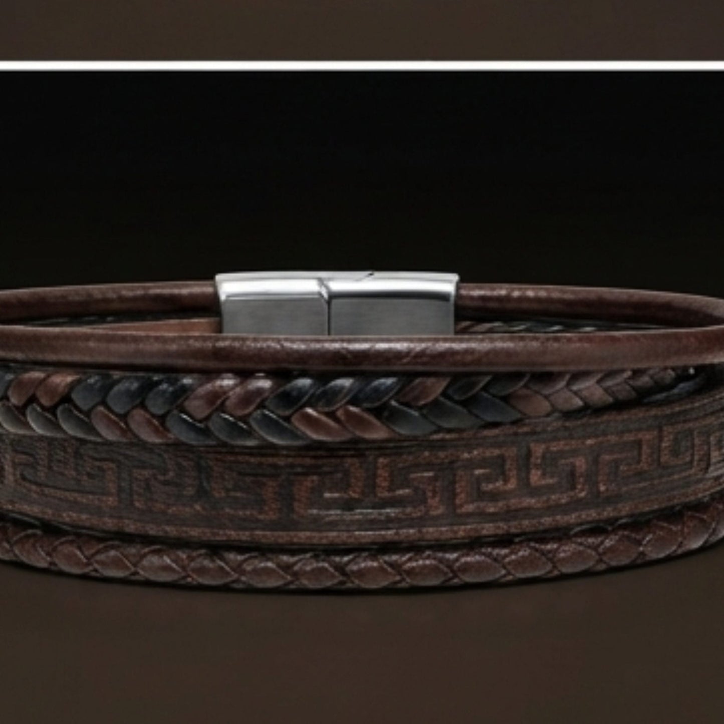 THE MEN THING Leather Bracelet GRECIAN WEAVE – Multi-Layer Leather Bracelet with Stainless Steel Magnetic Buckle for Men & Boys (8 Inch)