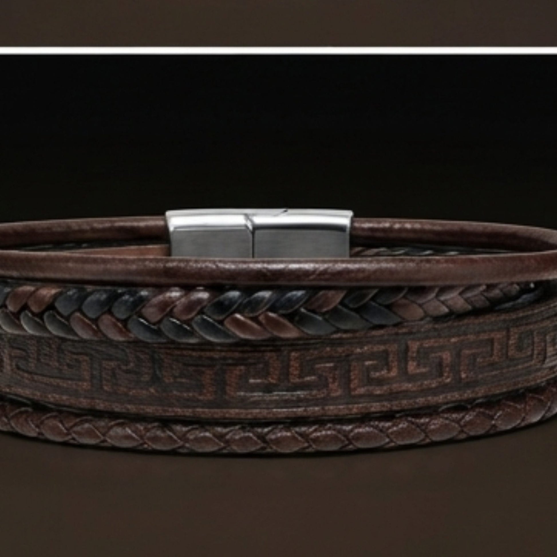 THE MEN THING Leather Bracelet GRECIAN WEAVE – Multi-Layer Leather Bracelet with Stainless Steel Magnetic Buckle for Men & Boys (8 Inch)