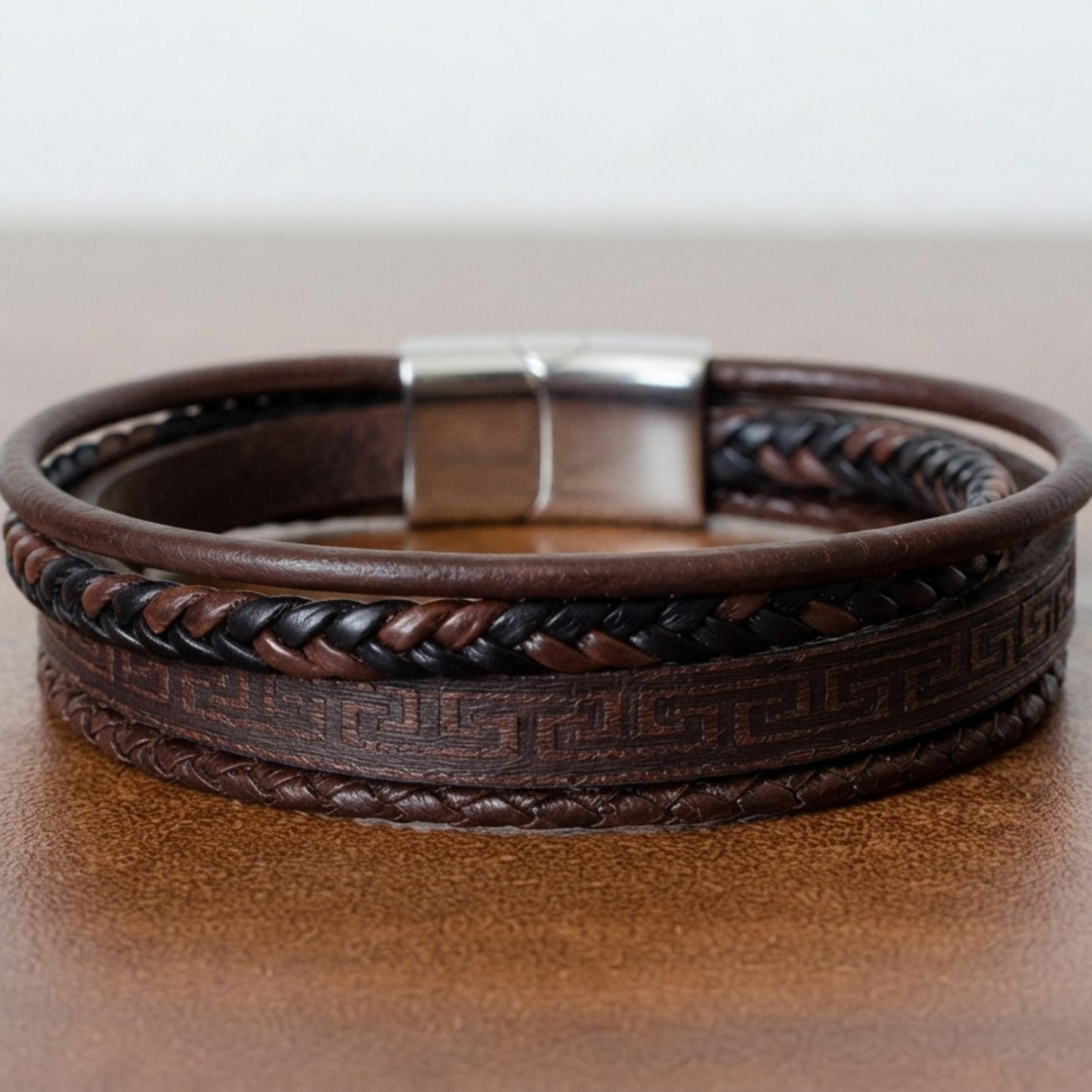 THE MEN THING Leather Bracelet GRECIAN WEAVE – Multi-Layer Leather Bracelet with Stainless Steel Magnetic Buckle for Men & Boys (8 Inch)