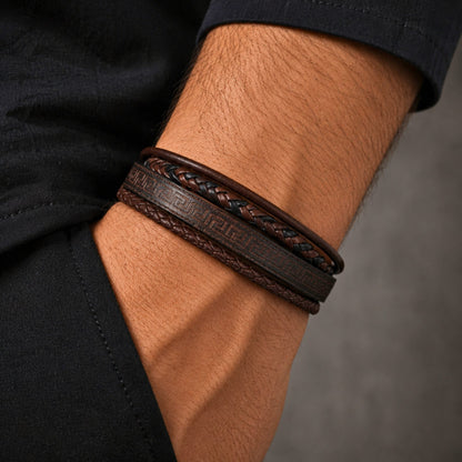 THE MEN THING Leather Bracelet GRECIAN WEAVE – Multi-Layer Leather Bracelet with Stainless Steel Magnetic Buckle for Men & Boys (8 Inch)