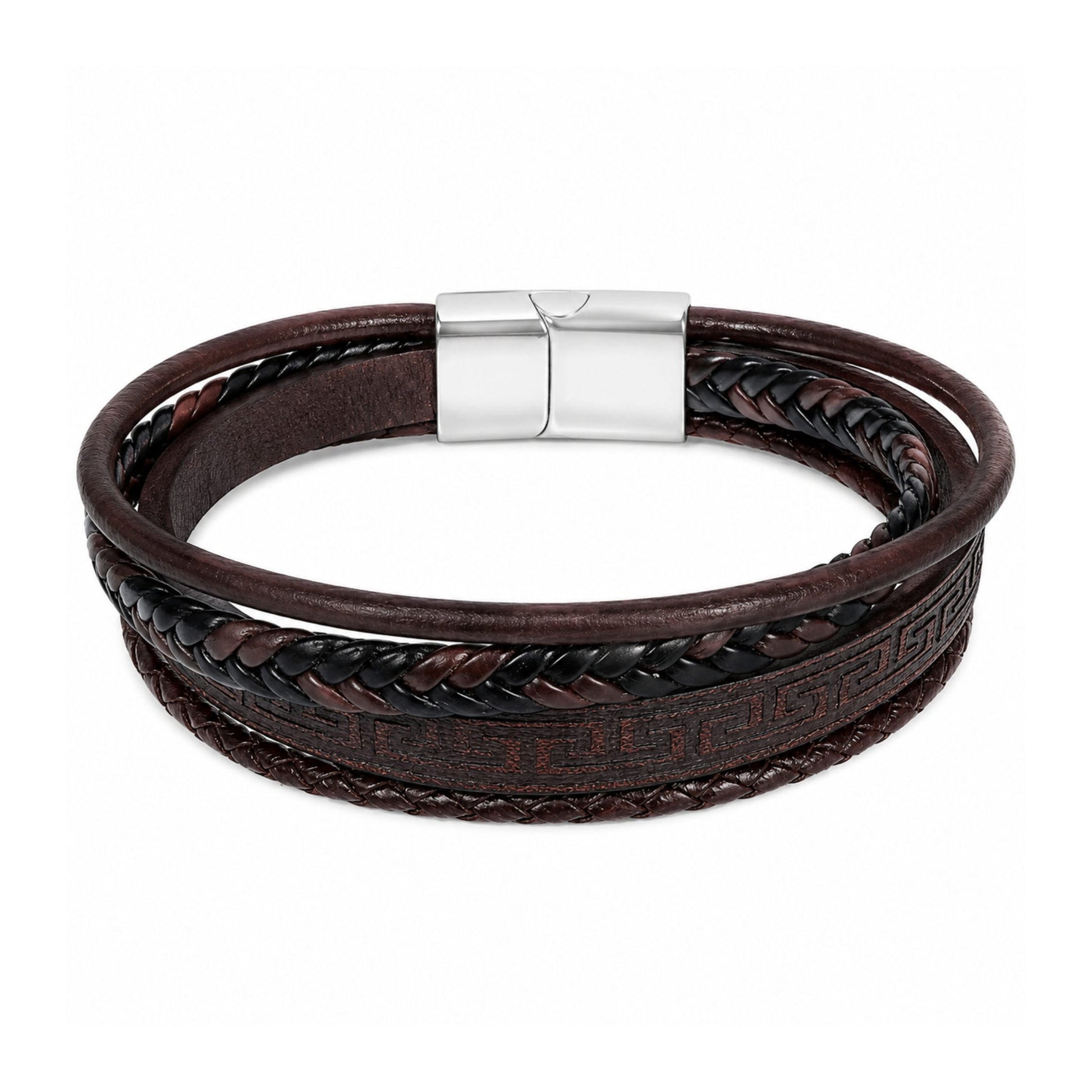 THE MEN THING Leather Bracelet GRECIAN WEAVE – Multi-Layer Leather Bracelet with Stainless Steel Magnetic Buckle for Men & Boys (8 Inch)