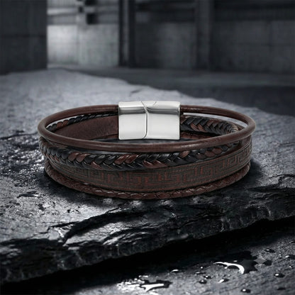 THE MEN THING Leather Bracelet GRECIAN WEAVE – Multi-Layer Leather Bracelet with Stainless Steel Magnetic Buckle for Men & Boys (8 Inch)