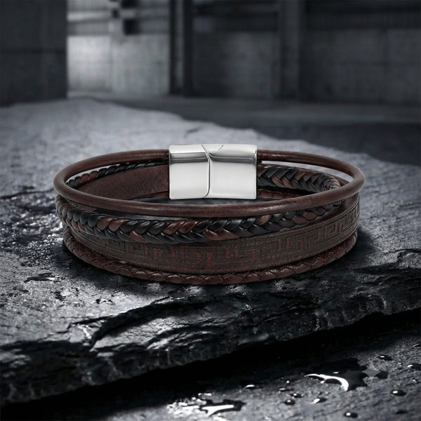 GRECIAN WEAVE – Multi-Layer Leather Bracelet with Stainless Steel Magnetic Buckle for Men & Boys (8 Inch)