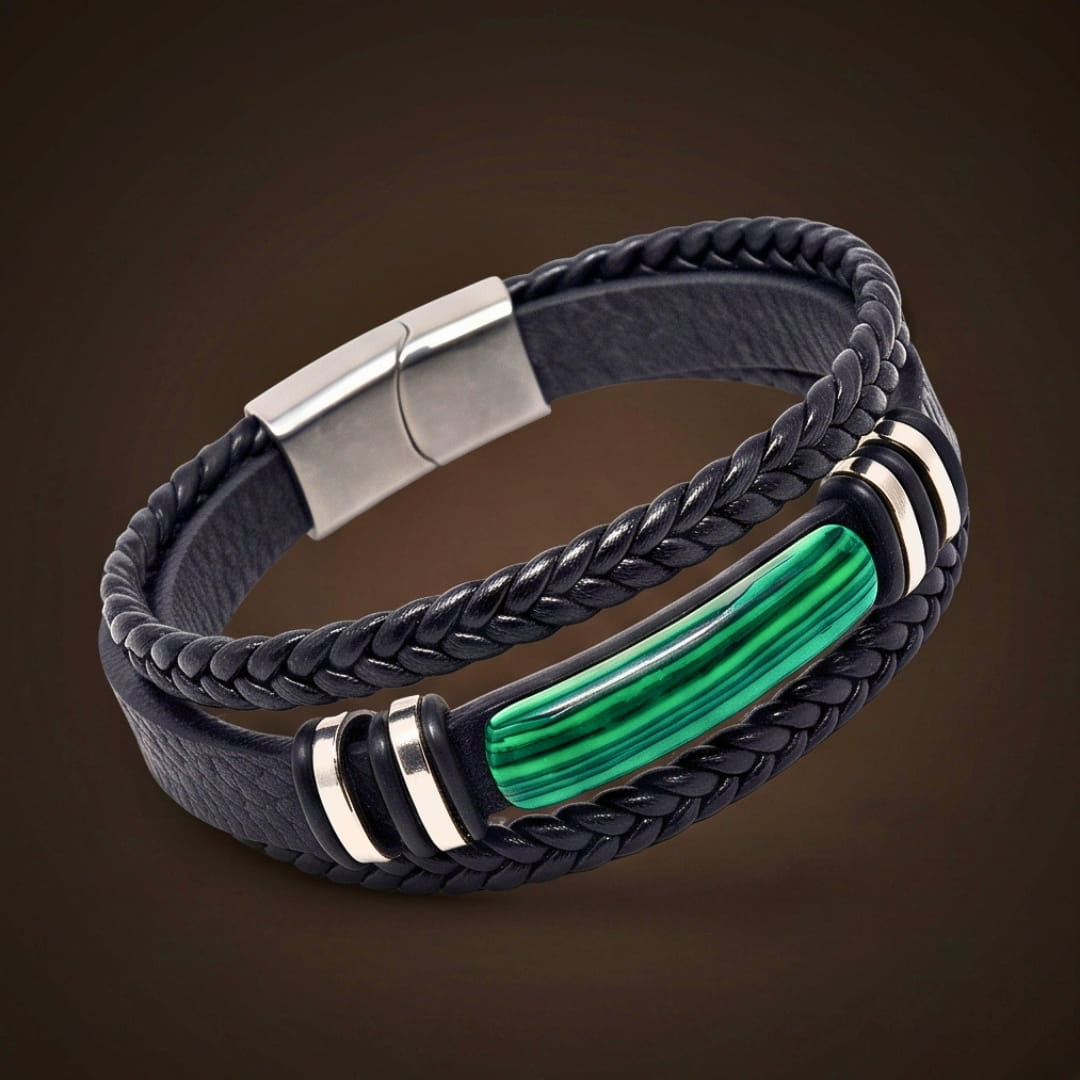 THE MEN THING Leather Bracelet GREEN HOWLITE CORE - 23mm Genuine Leather Multi-Layer Bracelet with Stainless Steel Magnetic Buckle for Men & Boys (8 inch)