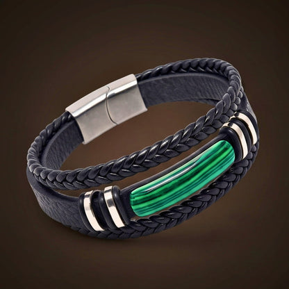 THE MEN THING Leather Bracelet GREEN HOWLITE CORE - 23mm Genuine Leather Multi-Layer Bracelet with Stainless Steel Magnetic Buckle for Men & Boys (8 inch)
