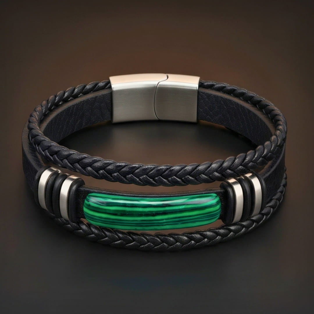 THE MEN THING Leather Bracelet GREEN HOWLITE CORE - 23mm Genuine Leather Multi-Layer Bracelet with Stainless Steel Magnetic Buckle for Men & Boys (8 inch)
