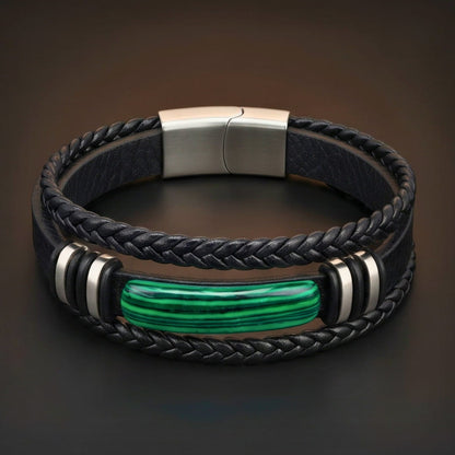 THE MEN THING Leather Bracelet GREEN HOWLITE CORE - 23mm Genuine Leather Multi-Layer Bracelet with Stainless Steel Magnetic Buckle for Men & Boys (8 inch)