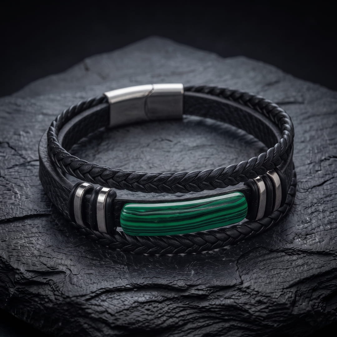 THE MEN THING Leather Bracelet GREEN HOWLITE CORE - 23mm Genuine Leather Multi-Layer Bracelet with Stainless Steel Magnetic Buckle for Men & Boys (8 inch)